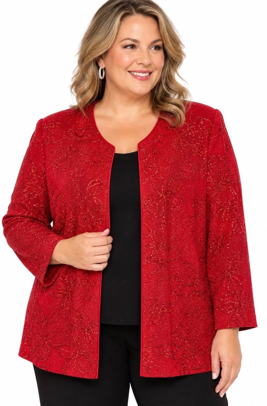Alex Evenings 2X Red Metallic Floral Sparkle Open Front Evening Jacket